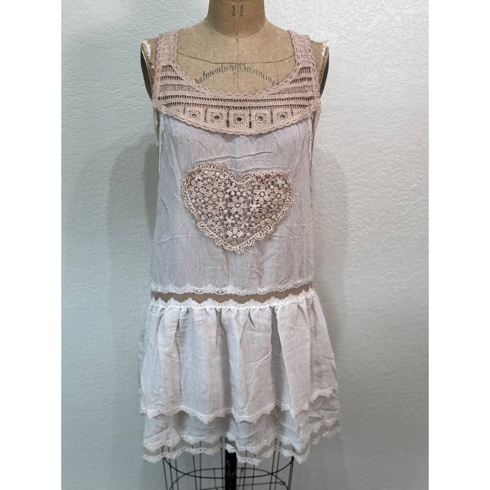 A Rare Bird Ivory Heart Pinafore Crochet Sleeveless Ruffle Top Dress OS NWT